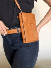 Camerazar Dámská retro kabelka s peněženkou na telefon, hnědá ekologická kůže, 18x11x5 cm